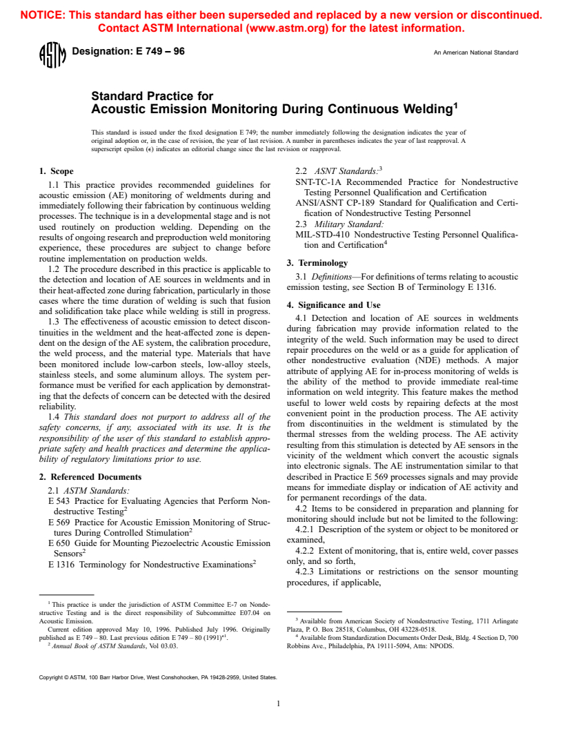 ASTM E749-96 - Standard Practice for Acoustic Emission Monitoring During Continuous Welding