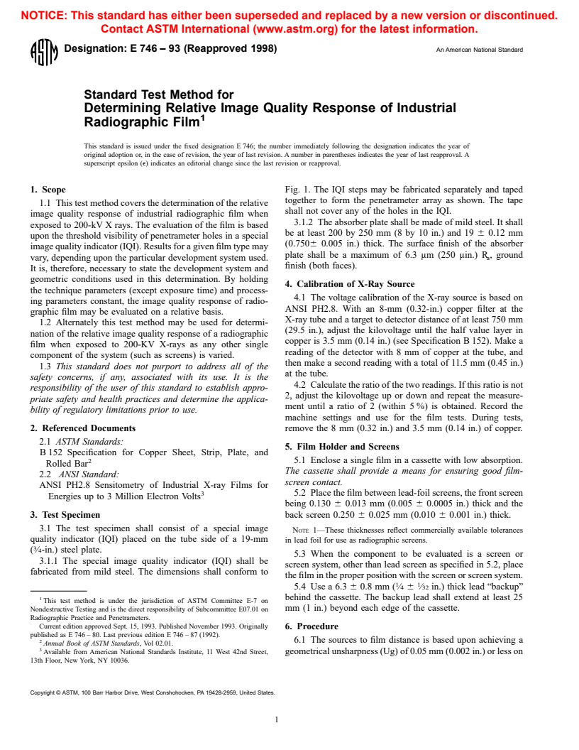 ASTM E746-93(1998) - Standard Test Method for Determining Relative Image Quality Response of Industrial Radiographic Film