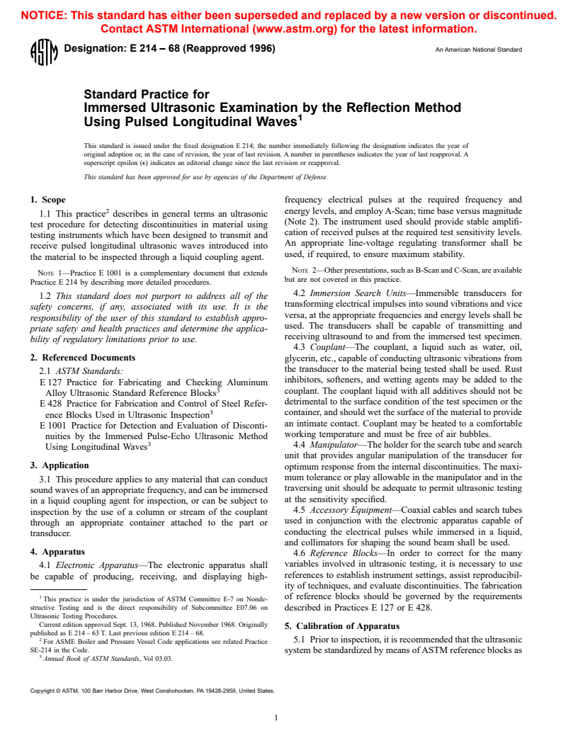 ASTM E214-68(1996) - Standard Practice for Immersed Ultrasonic Examination by the Reflection Method Using Pulsed Longitudinal Waves