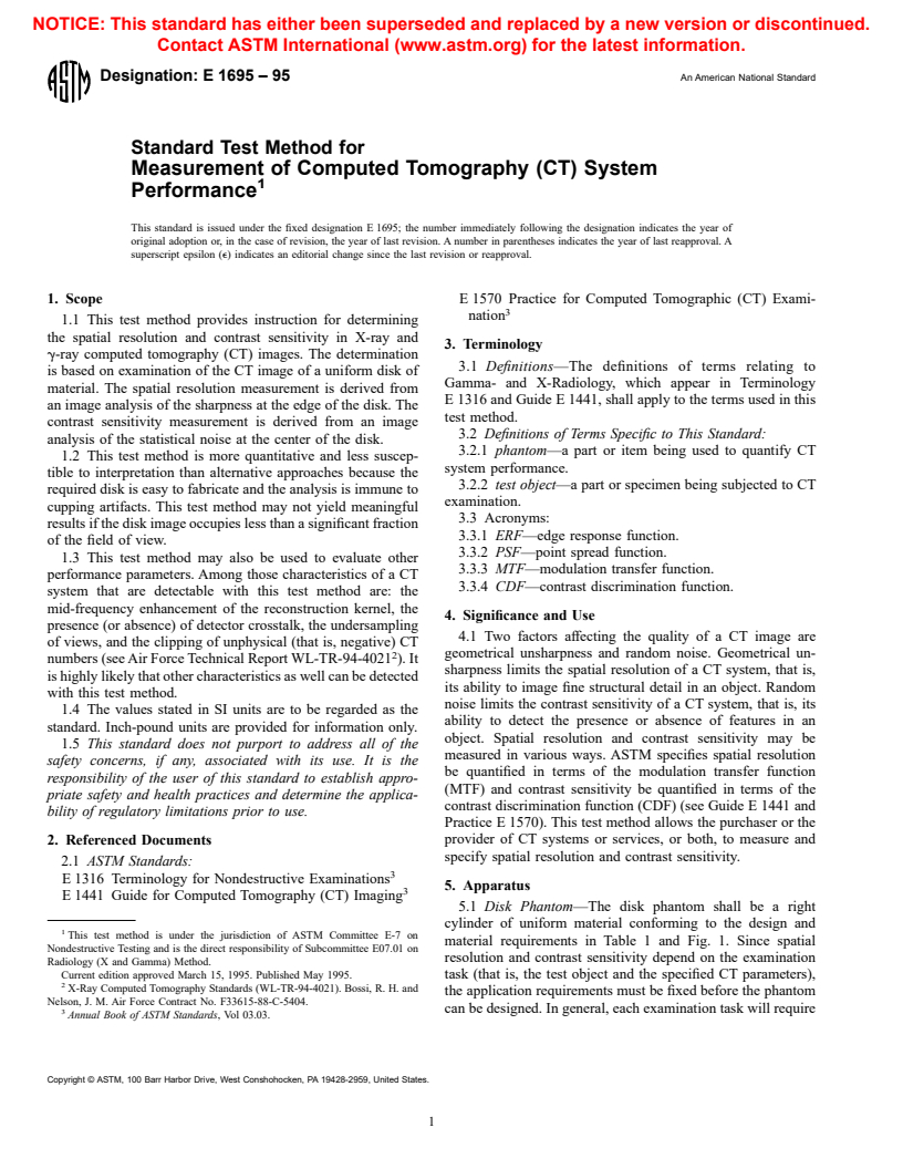 ASTM E1695-95 - Standard Test Method for Measurement of Computed Tomography (CT) System Performance