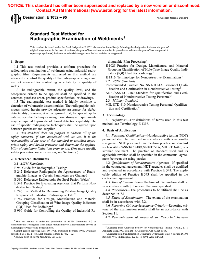 ASTM E1032-95 - Standard Test Method for Radiographic Examination of Weldments