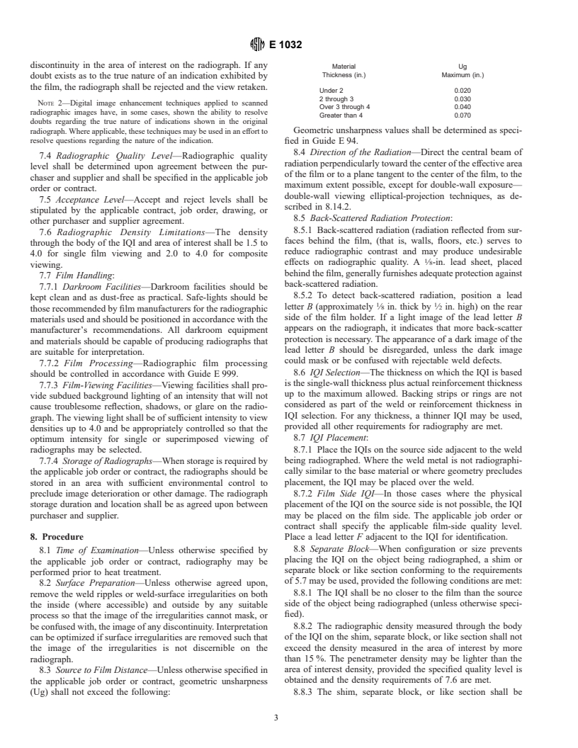 Astm E1032-95 - Standard Test Method For Radiographic Examination Of 