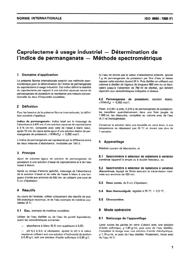 ISO 8660:1988 - Caprolactame a usage industriel -- Détermination de l'indice de permanganate -- Méthode spectrométrique