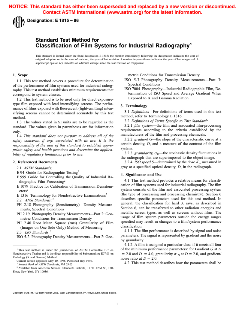 ASTM E1815-96 - Standard Test Method for Classification of Film Systems for Industrial Radiography