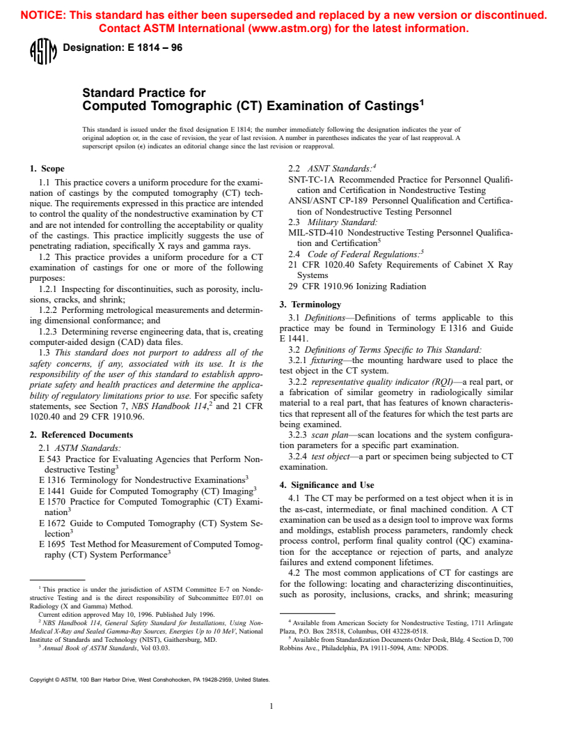 ASTM E1814-96 - Standard Practice for Computed Tomographic (CT) Examination of Castings