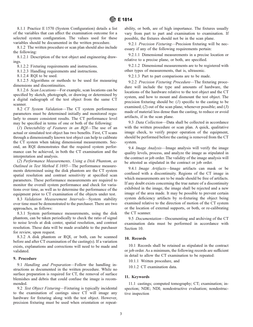 ASTM E1814-96 - Standard Practice for Computed Tomographic (CT) Examination of Castings