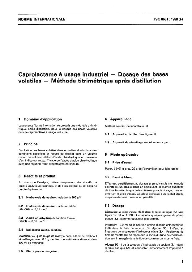 ISO 8661:1988 - Caprolactame a usage industriel -- Dosage des bases volatiles -- Méthode titrimétrique apres distillation