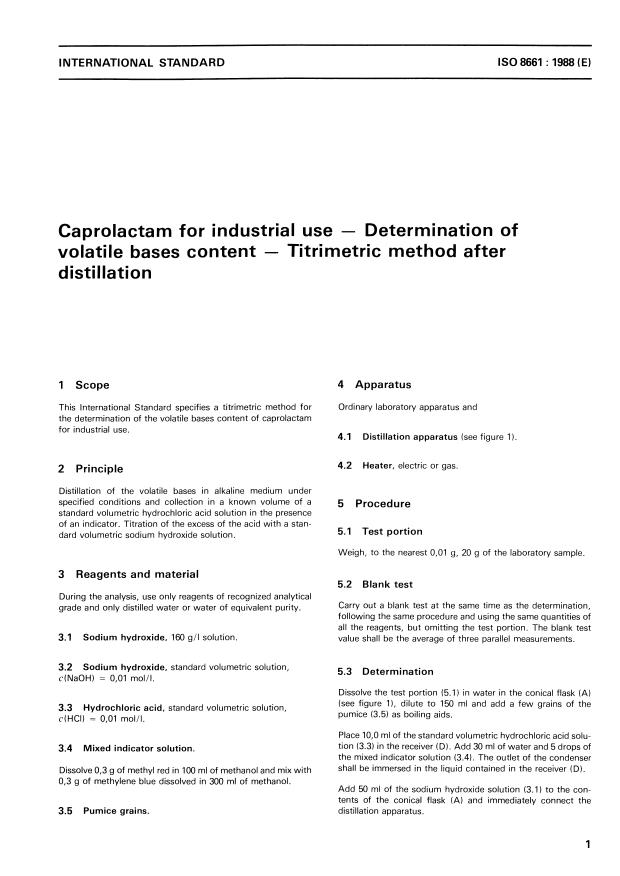 ISO 8661:1988 - Caprolactam for industrial use -- Determination of volatile bases content -- Titrimetric method after distillation