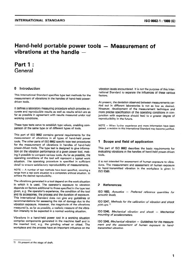 ISO 8662-1:1988 - Hand-held portable power tools -- Measurement of vibrations at the handle
