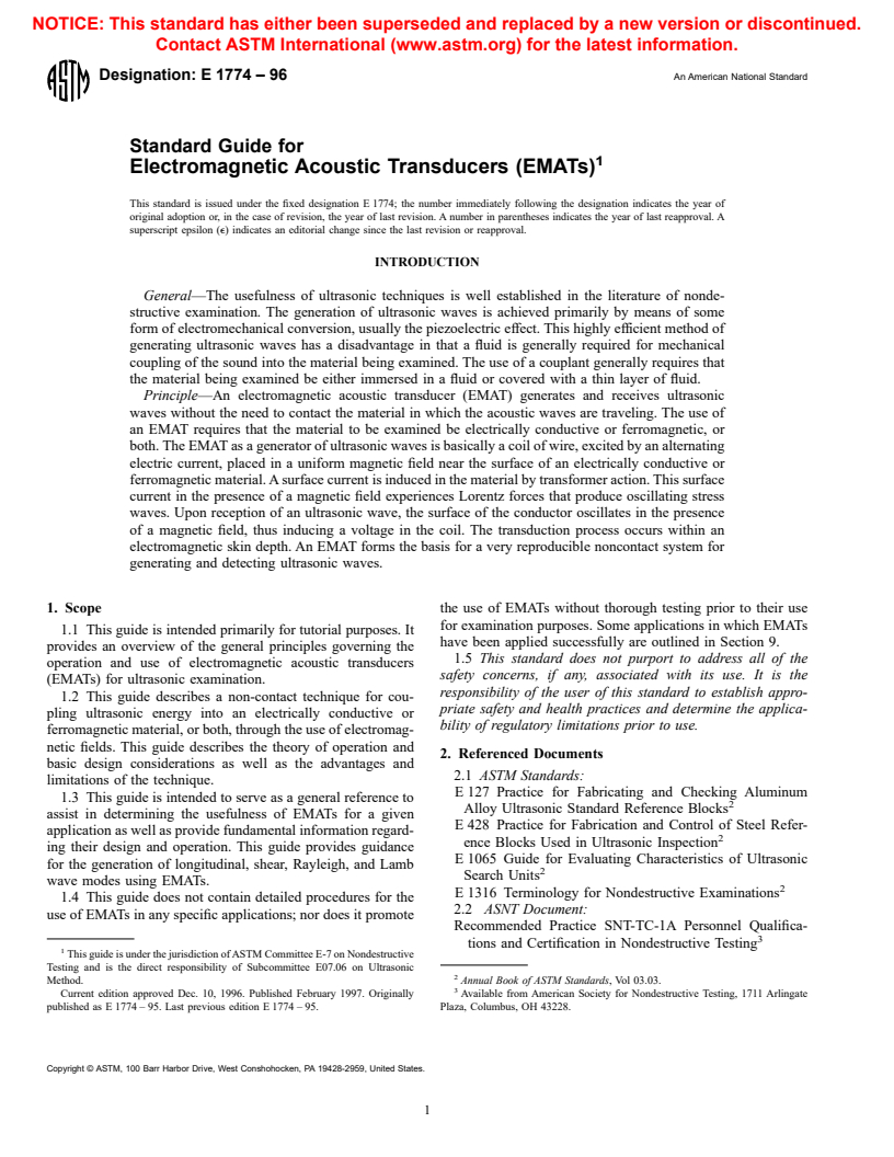 ASTM E1774-96 - Standard Guide for Electromagnetic Acoustic Transducers (EMATs)