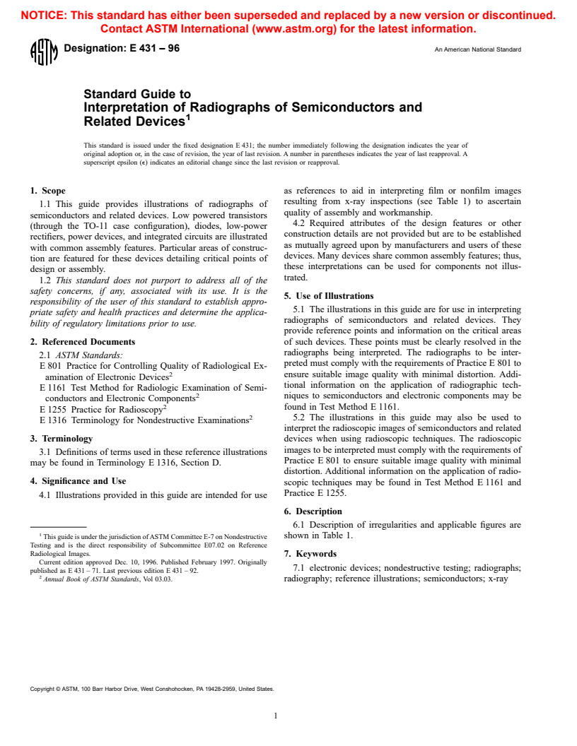 ASTM E431-96 - Standard Guide to Interpretation of Radiographs of Semiconductors and Related Devices