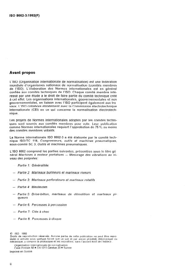 ISO 8662-3:1992 ISO 8662-3:1992 - Machines a moteur portatives -- Mesurage des vibrations au niveau des poignées - Page 2 preview