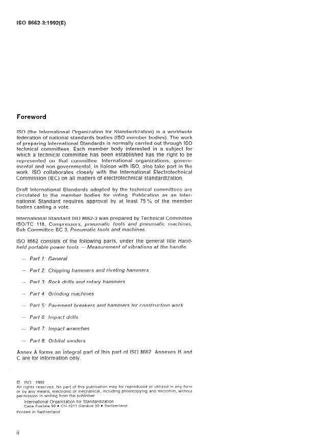 ISO 8662-3:1992 ISO 8662-3:1992 - Hand-held portable power tools -- Measurement of vibrations at the handle - Page 2 preview