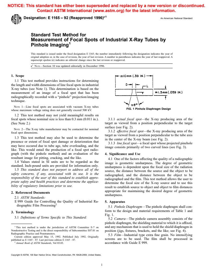 ASTM E1165-92(1996)E1 - Standard Test Method for Measurement of Focal Spots of Industrial X-Ray Tubes by Pinhole Imaging