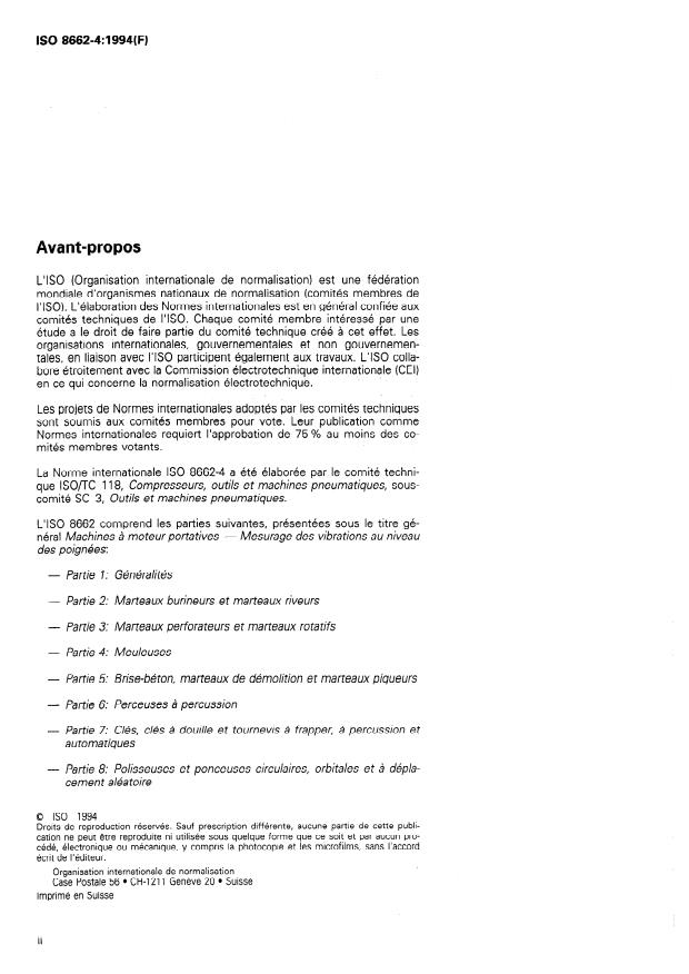 ISO 8662-4:1994 ISO 8662-4:1994 - Machines a moteur portatives -- Mesurage des vibrations au niveau des poignées - Page 2 preview