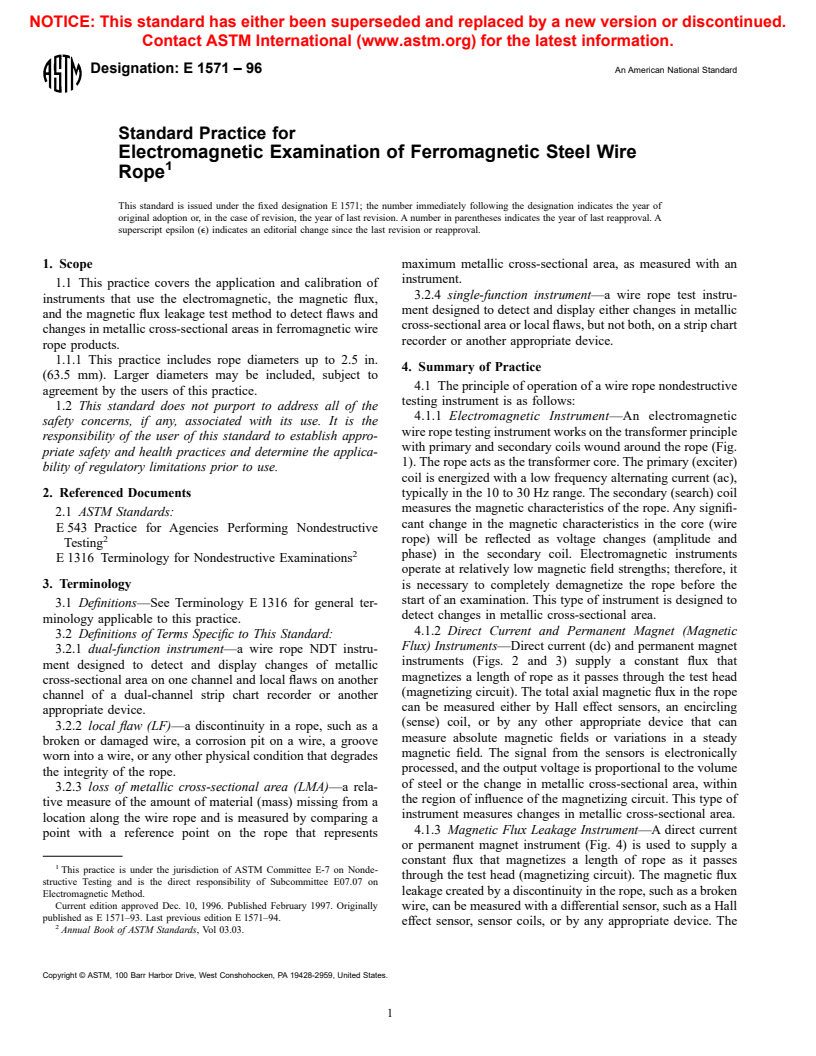 ASTM E1571-96 - Standard Practice for Electromagnetic Examination of Ferromagnetic Steel Wire Rope