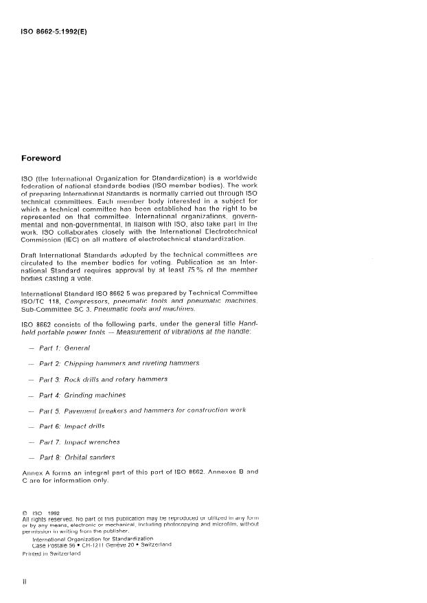 ISO 8662-5:1992 ISO 8662-5:1992 - Hand-held portable power tools -- Measurement of vibrations at the handle - Page 2 preview