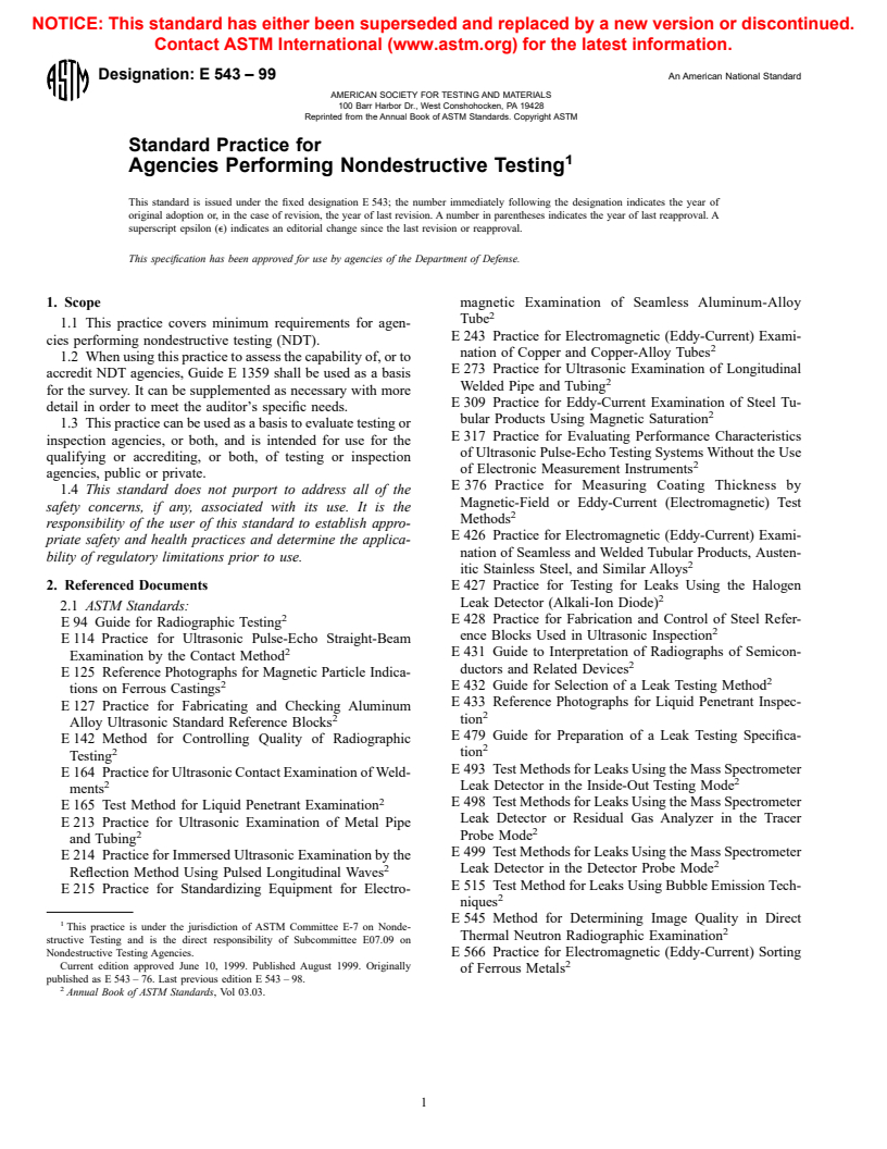 ASTM E543-99 - Standard Practice for Agencies Performing Nondestructive Testing