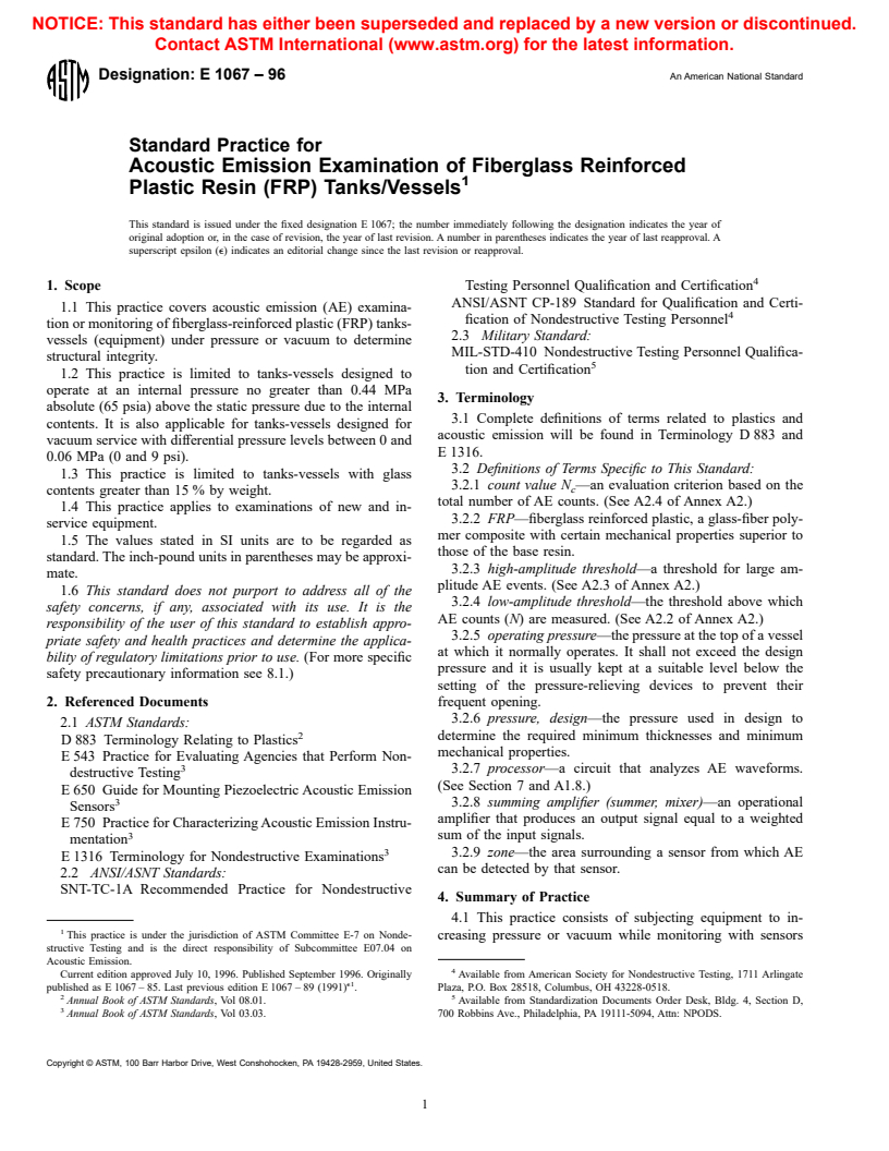 ASTM E1067-96 - Standard Practice for Acoustic Emission Examination of Fiberglass Reinforced Plastic Resin (FRP) Tanks/Vessels