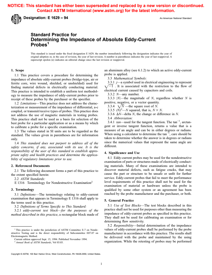 ASTM E1629-94 - Standard Practice for Determining the Impedance of Absolute Eddy-Current Probes