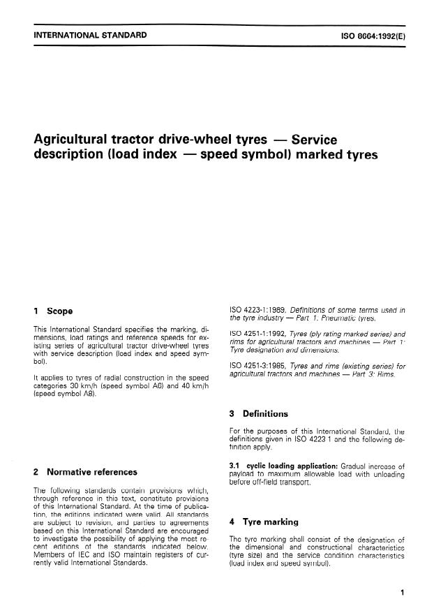 ISO 8664:1992 - Agricultural tractor drive-wheel tyres -- Service description (load index -- speed symbol) marked tyres