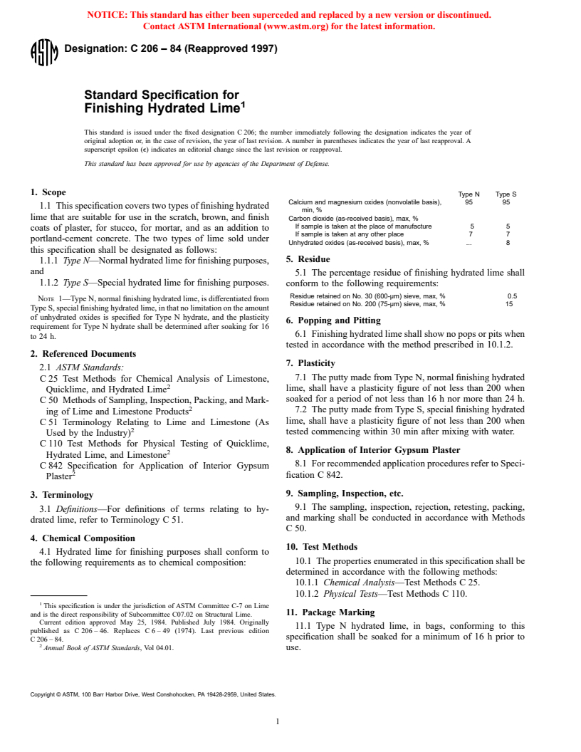 ASTM C206-84(1997) - Standard Specification for Finishing Hydrated Lime