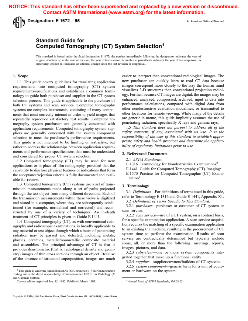 ASTM E1672-95 - Standard Guide for Computed Tomography (CT) System Selection