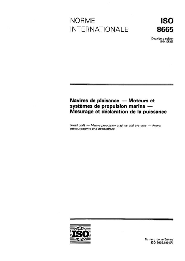 ISO 8665:1994 - Navires de plaisance -- Moteurs et systemes de propulsion marins -- Mesurage et déclaration de la puissance