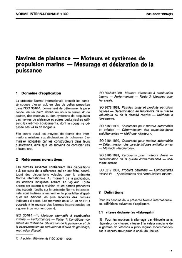 ISO 8665:1994 - Navires de plaisance -- Moteurs et systemes de propulsion marins -- Mesurage et déclaration de la puissance