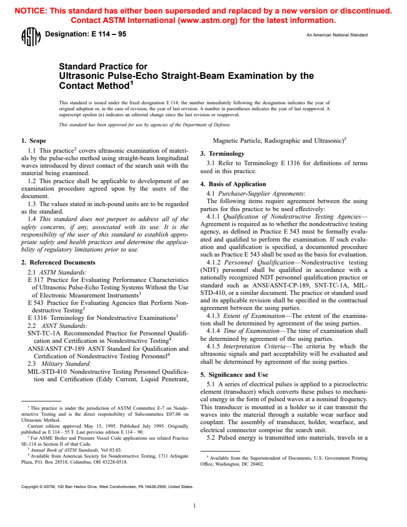 ASTM E114-95 - Standard Practice for Ultrasonic Pulse-Echo Straight-Beam Examination by the Contact Method