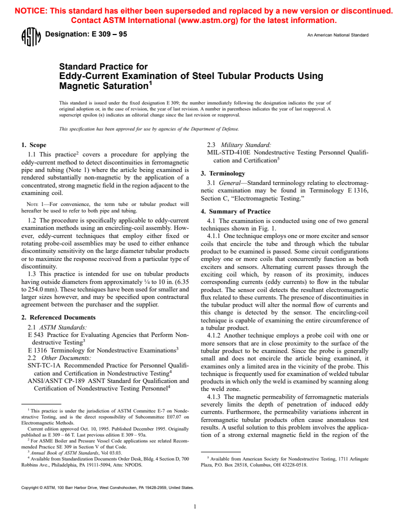 ASTM E309-95 - Standard Practice for Eddy-Current Examination of Steel Tubular Products Using Magnetic Saturation