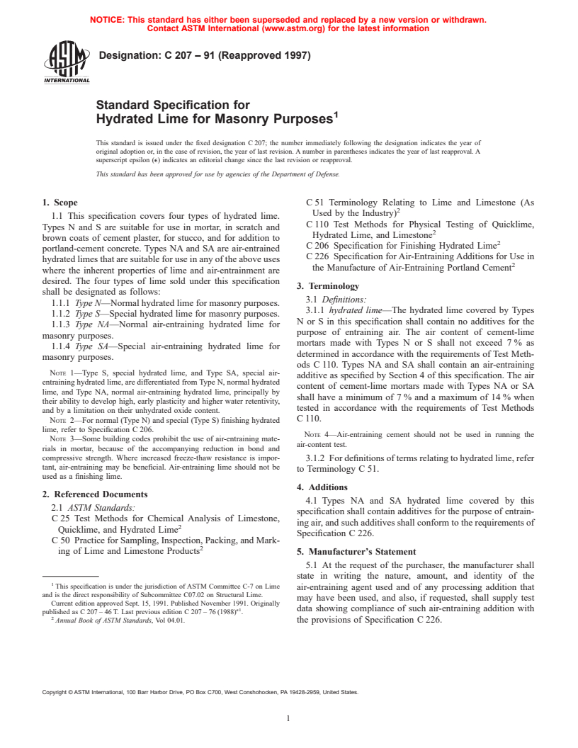 ASTM C207-91(1997) - Standard Specification for Hydrated Lime for Masonry Purposes