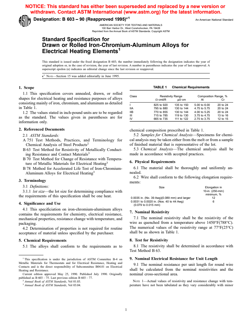 ASTM B603-90(1995)e1 - Standard Specification for Drawn or Rolled Iron-Chromium-Aluminum Alloys for Electrical Heating Elements