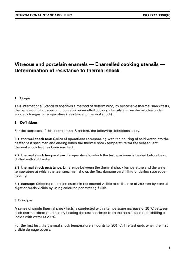 ISO 2747:1998 - Vitreous and porcelain enamels -- Enamelled cooking utensils -- Determination of resistance to thermal shock