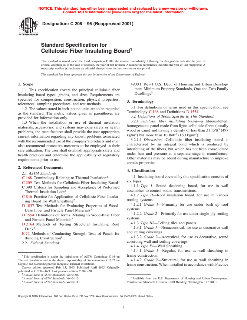 ASTM C208-95(2001) - Standard Specification for Cellulosic Fiber Insulating Board