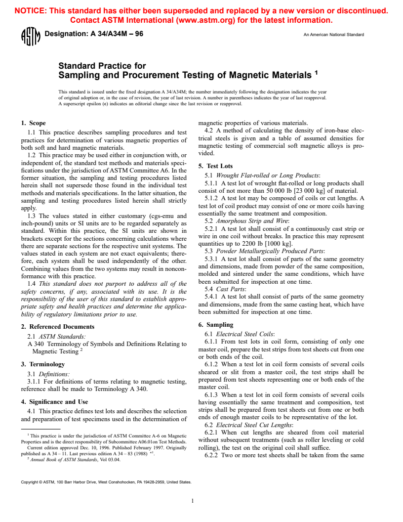 ASTM A34/A34M-96 - Standard Practice for Sampling and Procurement Testing of Magnetic Materials