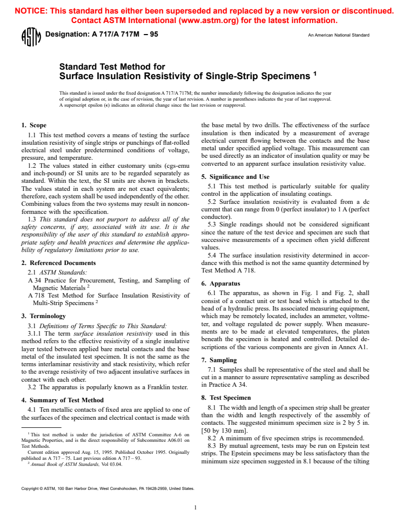 ASTM A717/A717M-95 - Standard Test Method for Surface Insulation Resistivity of Single-Strip Specimens