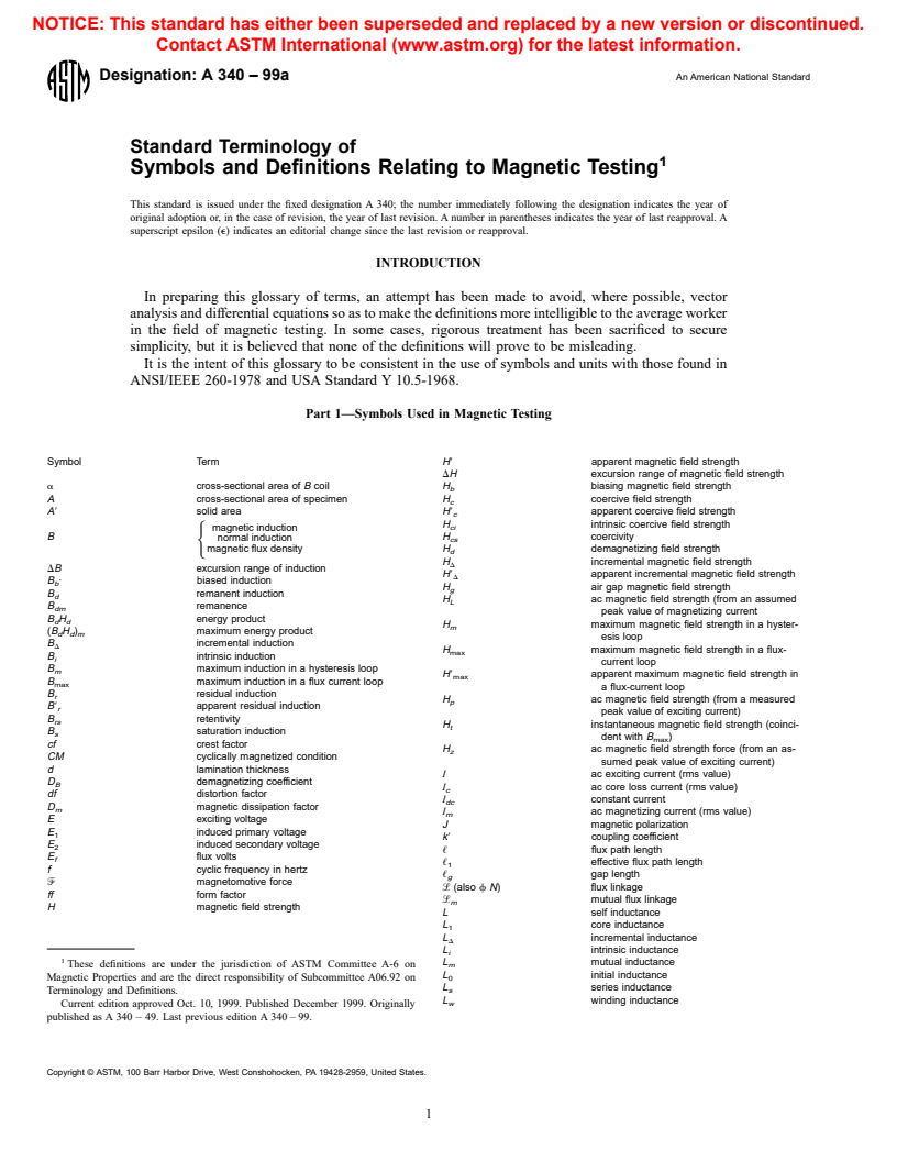 ASTM A340-99A - Standard Terminology of Symbols and Definitions Relating to Magnetic Testing