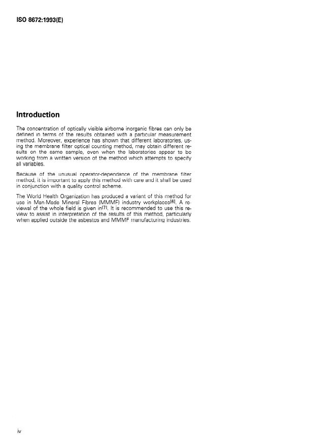 ISO 8672:1993 ISO 8672:1993 - Air quality -- Determination of the number concentration of airborne inorganic fibres by phase contrast optical microscopy -- Membrane filter method - Page 4 preview