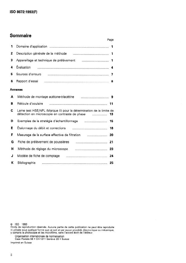 ISO 8672:1993 ISO 8672:1993 - Qualité de l'air -- Détermination de la concentration en nombre de fibres inorganiques en suspension dans l'air par microscopie optique en contraste de phase -- Méthode du filtre a membrane - Page 2 preview