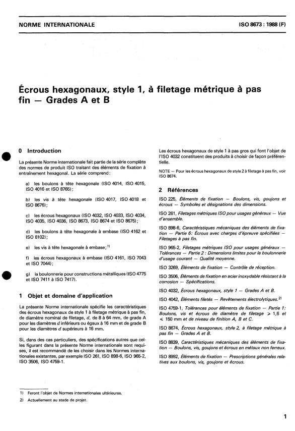 ISO 8673:1988 - Écrous hexagonaux, style 1, a filetage métrique a pas fin -- Grades A et B