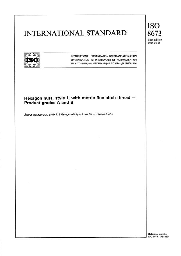 ISO 8673:1988 - Hexagon nuts, style 1, with metric fine pitch thread -- Product grades A and B