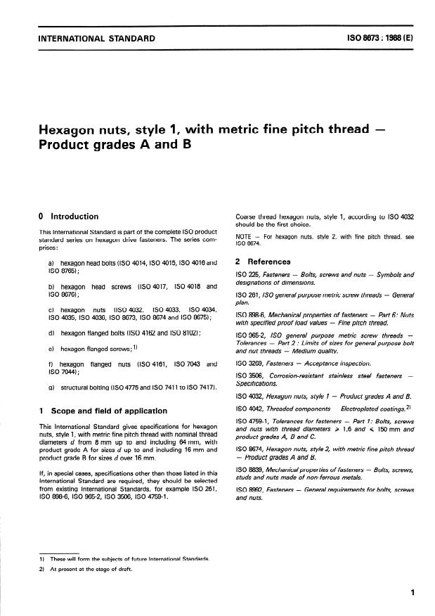 ISO 8673:1988 - Hexagon nuts, style 1, with metric fine pitch thread -- Product grades A and B