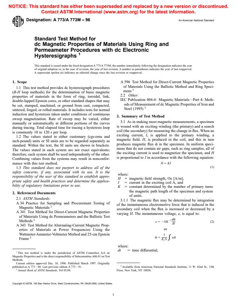 ASTM A773/A773M-96 - Standard Test Method for dc Magnetic Properties of Materials Using Ring and Permeameter Procedures with dc Electronic Hysteresigraphs