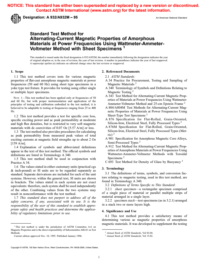 ASTM A932/A932M-95 - Standard Test Method for Alternating-Current Magnetic Properties of Amorphous Materials at Power Frequencies Using Wattmeter-Ammeter-Voltmeter Method with Sheet Specimens