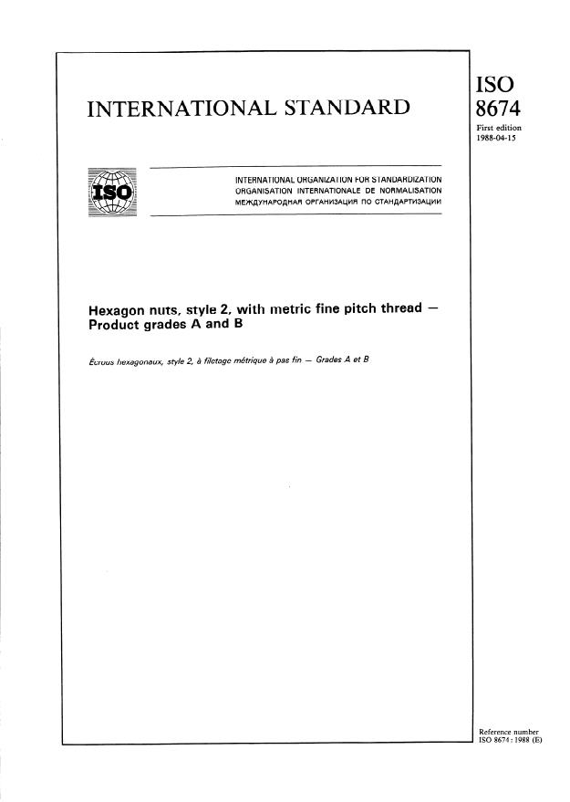 ISO 8674:1988 - Hexagon nuts, style 2, with metric fine pitch thread -- Product grades A and B