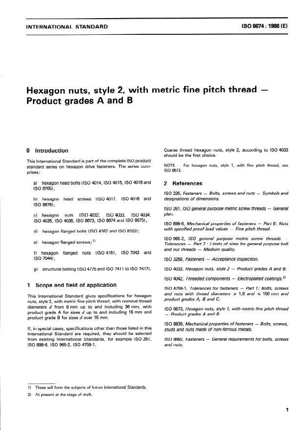 ISO 8674:1988 - Hexagon nuts, style 2, with metric fine pitch thread -- Product grades A and B