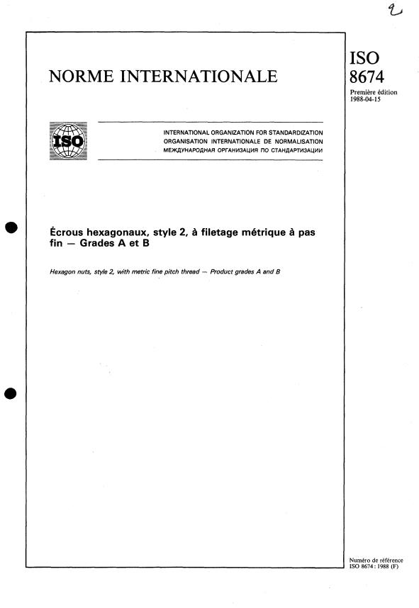 ISO 8674:1988 - Écrous hexagonaux, style 2, a filetage métrique a pas fin -- Grades A et B