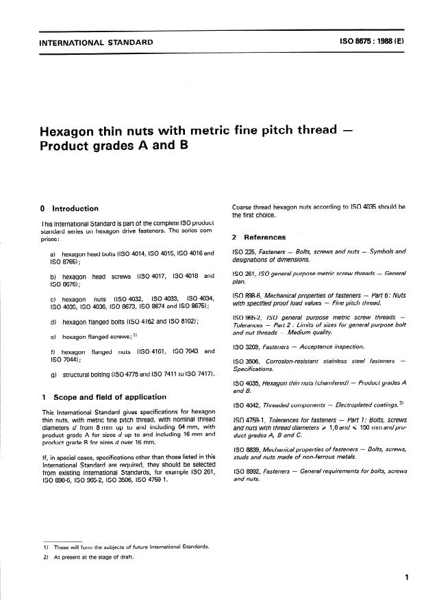 ISO 8675:1988 - Hexagon thin nuts with metric fine pitch thread -- Product grades A and B