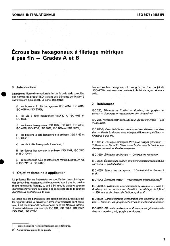 ISO 8675:1988 - Écrous bas hexagonaux a filetage métrique a pas fin -- Grades A et B